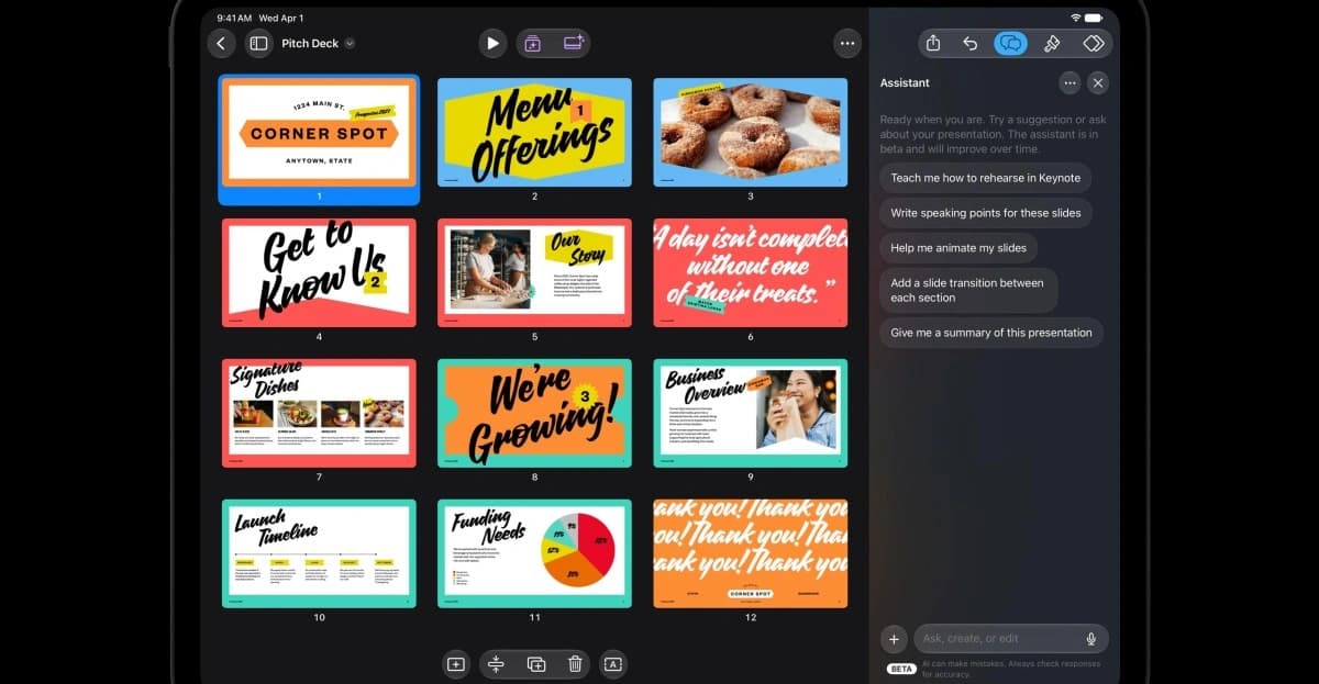 Assistente de inteligência artificial da Apple atuando no Keynote em um iPad Pro