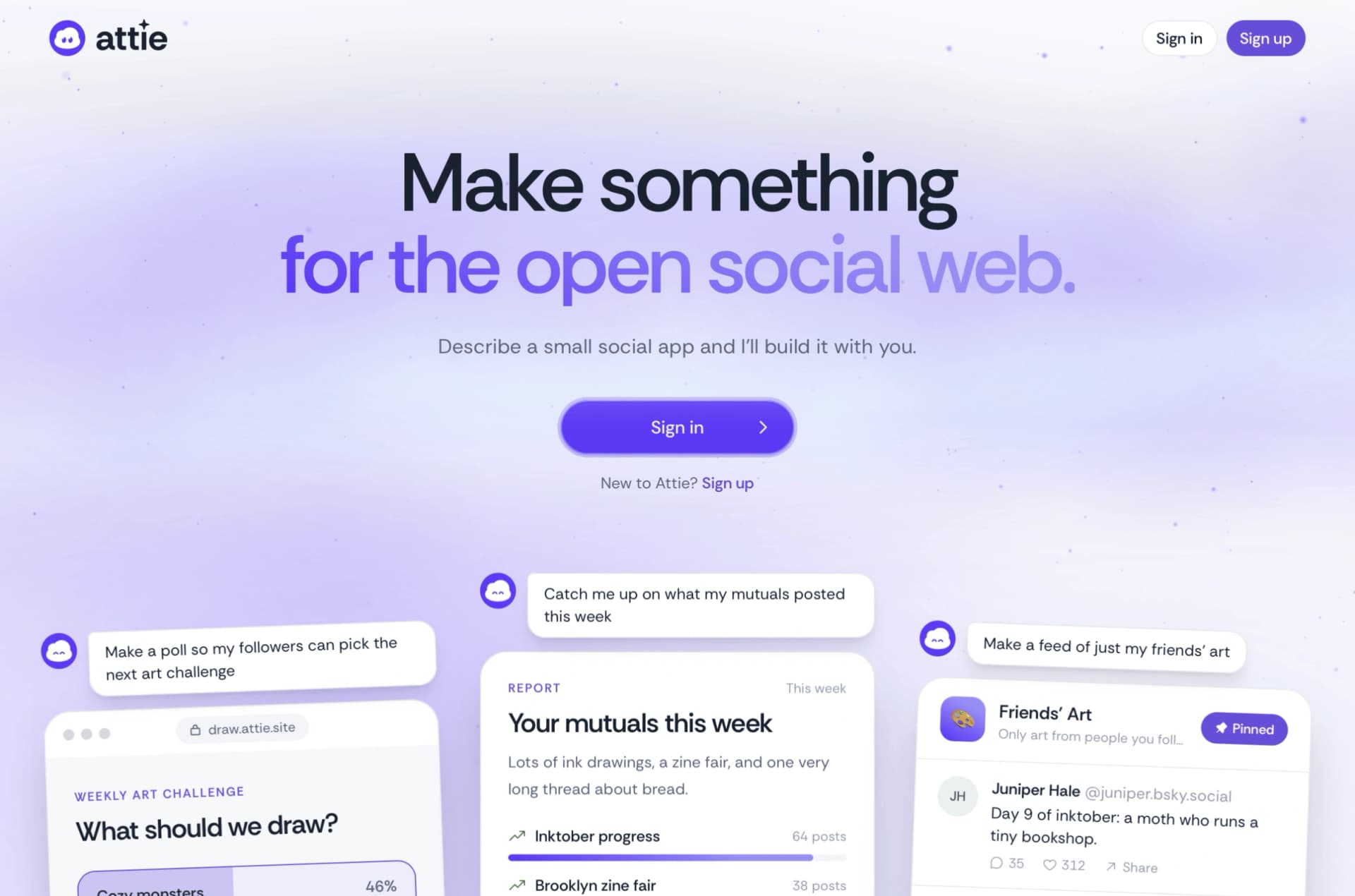 Tela do Attie, ferramenta de IA do Bluesky, exibindo um pequeno aplicativo social interativo.