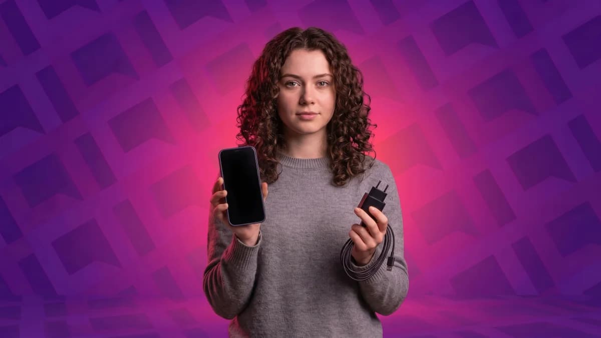 Carregador USB-C de alta potência ao lado de um smartphone
