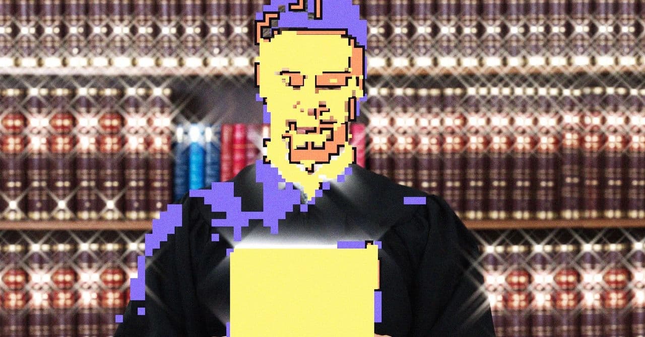 Ilustração de um juiz se transformando em pixels para representar o uso de IA em tribunais