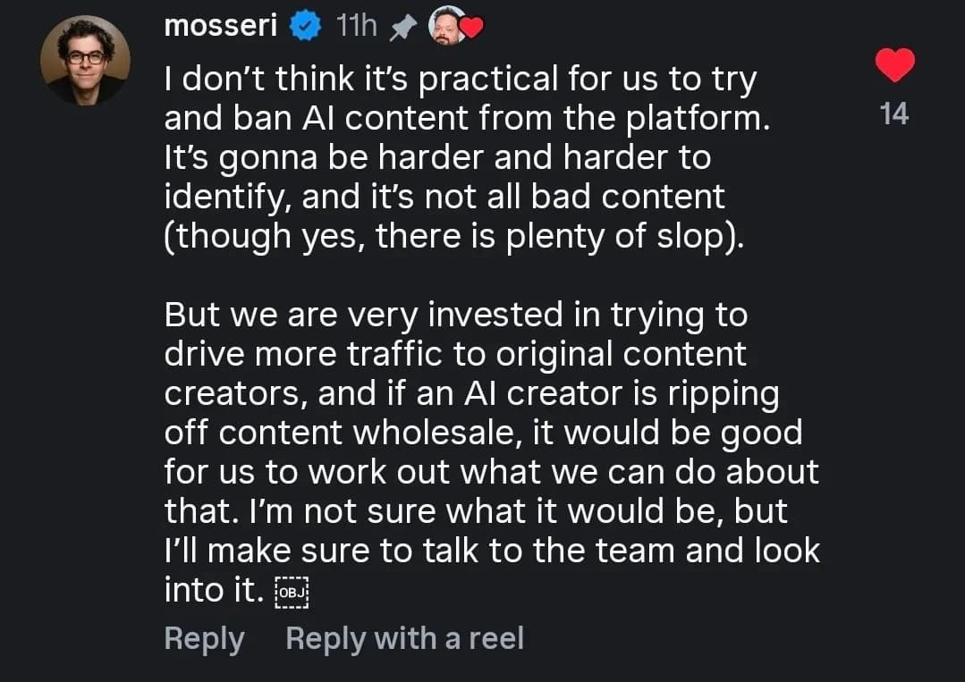 Captura de tela sobre falsificações de inteligência artificial no Instagram.