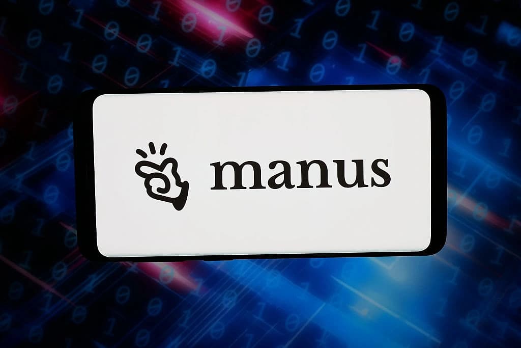 Logotipo do agente de IA Manus exibido em um smartphone diante de um fundo abstrato