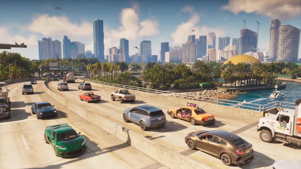 Cena de GTA 6 representando um jogo de mundo aberto com carregamento de cenário