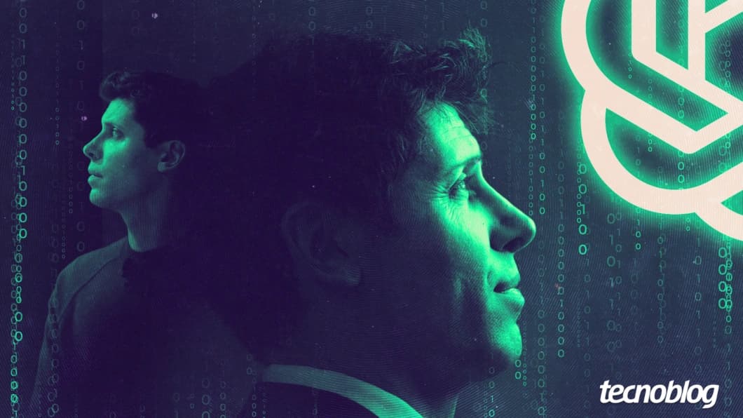 Ilustração de Sam Altman ao lado do logotipo do ChatGPT