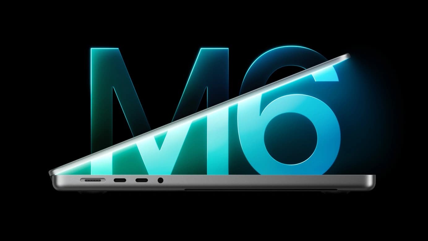 MacBook Pro de 14 polegadas com chip M6 sobre fundo escuro